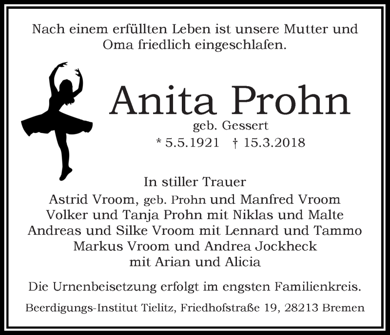 Traueranzeige von Anita Prohn von WESER-KURIER