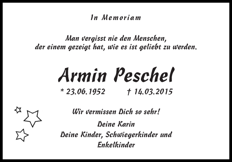  Traueranzeige für Armin Peschel vom 14.03.2018 aus WESER-KURIER