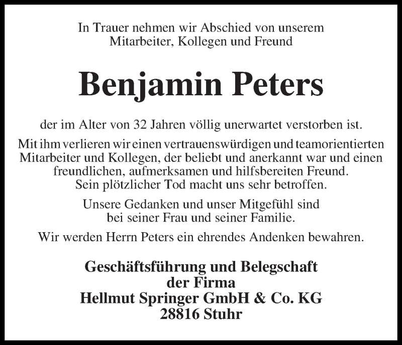  Traueranzeige für Benjamin Peters vom 24.03.2018 aus WESER-KURIER