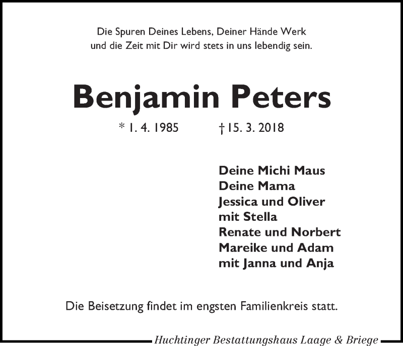  Traueranzeige für Benjamin Peters vom 24.03.2018 aus WESER-KURIER