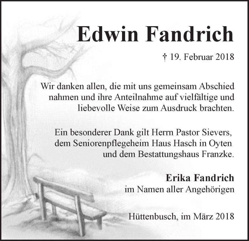  Traueranzeige für Edwin Fandrich vom 24.03.2018 aus Wuemme Zeitung