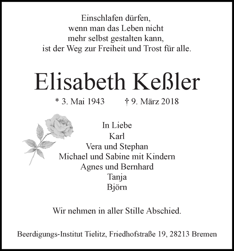 Traueranzeige von Elisabeth Keßler von WESER-KURIER