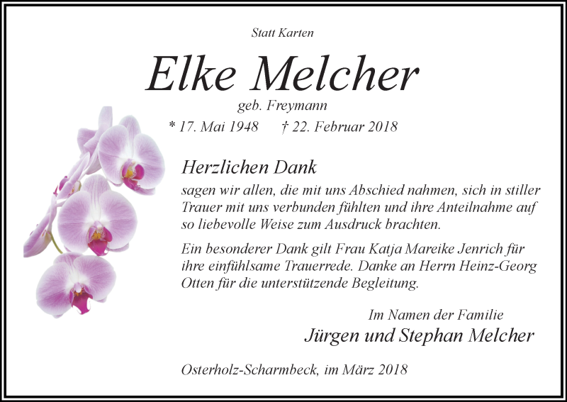  Traueranzeige für Elke Melcher vom 24.03.2018 aus Osterholzer Kreisblatt