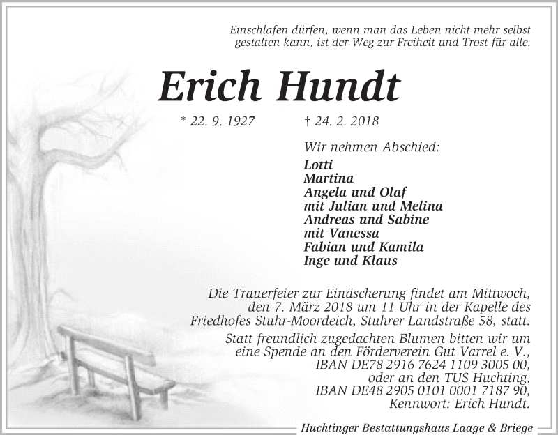  Traueranzeige für Erich Hundt vom 03.03.2018 aus WESER-KURIER