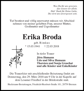 Traueranzeige von Erika Broda