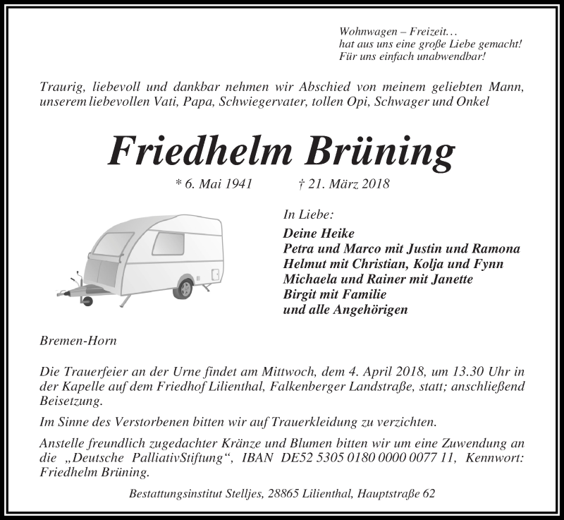  Traueranzeige für Friedhelm Brüning vom 28.03.2018 aus Wuemme Zeitung