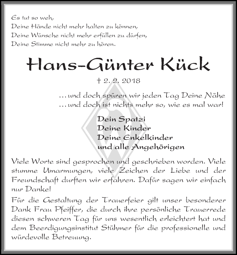  Traueranzeige für Hans-Günter Kück vom 31.03.2018 aus Die Norddeutsche