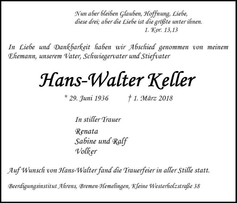 Traueranzeige von Hans-Walter Keller von WESER-KURIER