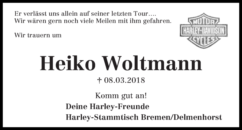  Traueranzeige für Heiko Woltmann vom 15.03.2018 aus WESER-KURIER