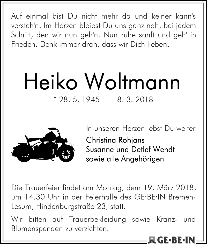  Traueranzeige für Heiko Woltmann vom 15.03.2018 aus WESER-KURIER