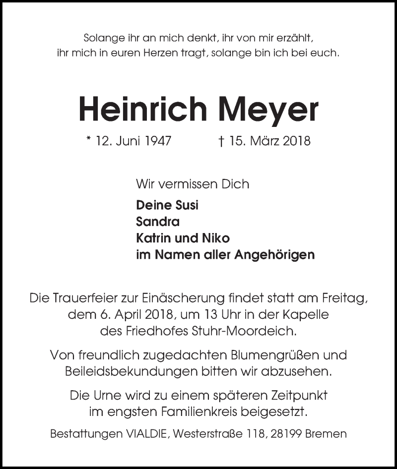  Traueranzeige für Heinrich Meyer vom 24.03.2018 aus WESER-KURIER