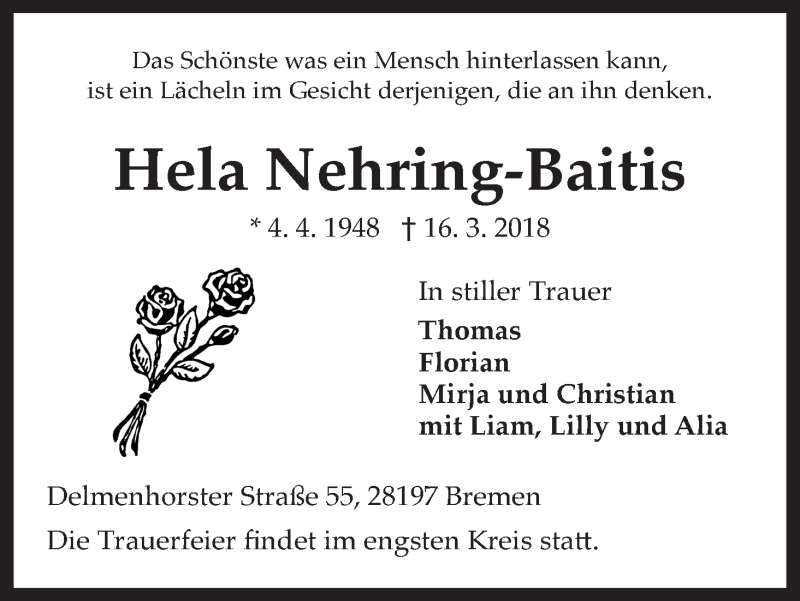 Traueranzeige von Hela Nehring-Baitis von WESER-KURIER