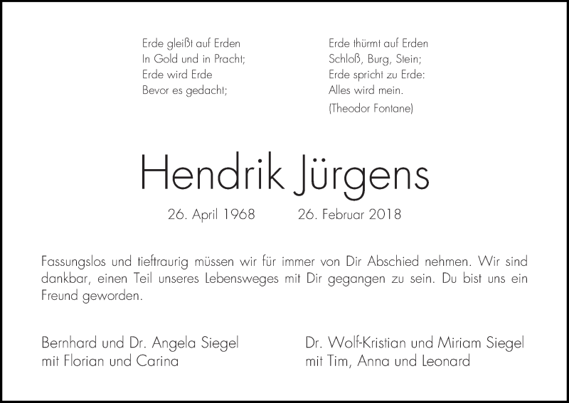  Traueranzeige für Hendrik Jürgens vom 10.03.2018 aus WESER-KURIER