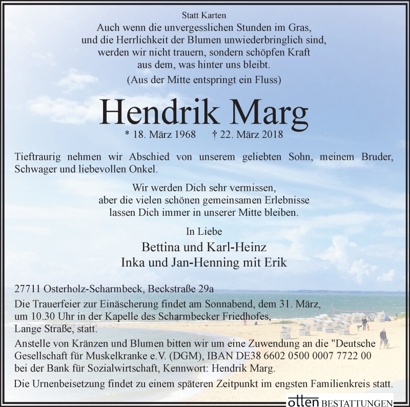  Traueranzeige für Hendrik Marg vom 26.03.2018 aus Osterholzer Kreisblatt