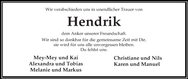  Traueranzeige für Hendrik Marg vom 27.03.2018 aus Osterholzer Kreisblatt