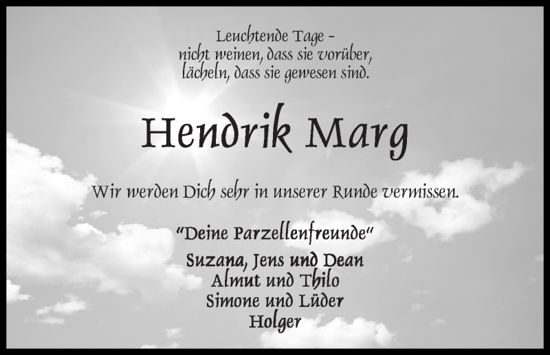  Traueranzeige für Hendrik Marg vom 28.03.2018 aus Osterholzer Kreisblatt