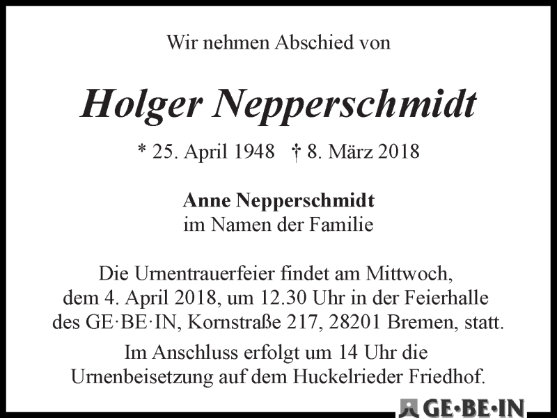 Traueranzeige von Holger Nepperschmidt von WESER-KURIER