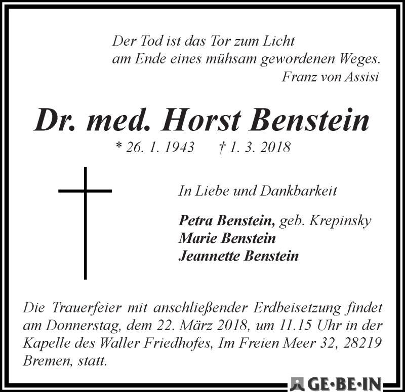  Traueranzeige für Horst Benstein vom 10.03.2018 aus WESER-KURIER
