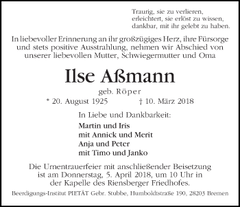 Traueranzeige von Ilse Aßmann