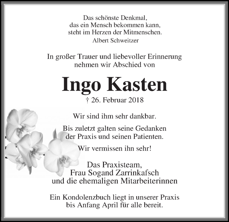  Traueranzeige für Ingo Kasten vom 10.03.2018 aus WESER-KURIER