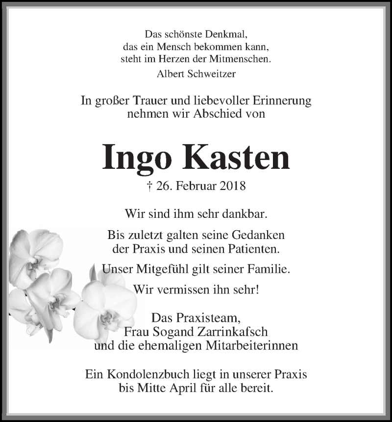  Traueranzeige für Ingo Kasten vom 14.03.2018 aus Wuemme Zeitung