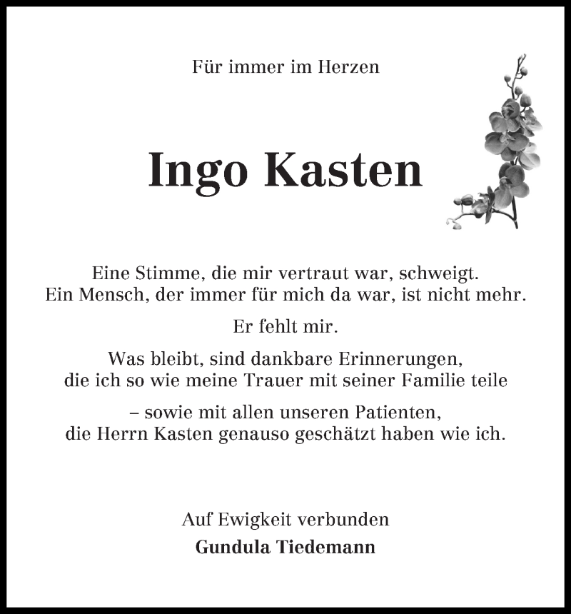  Traueranzeige für Ingo Kasten vom 10.03.2018 aus Wuemme Zeitung