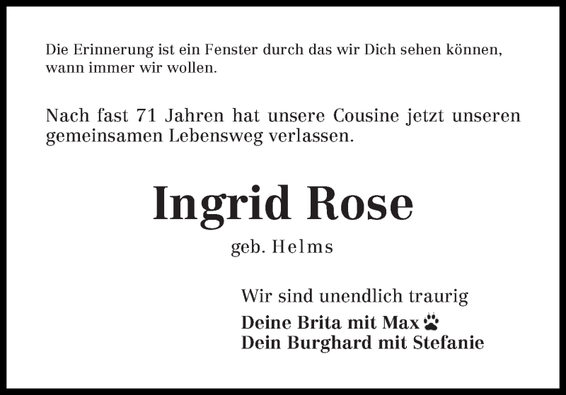  Traueranzeige für Ingrid Rose vom 24.03.2018 aus WESER-KURIER