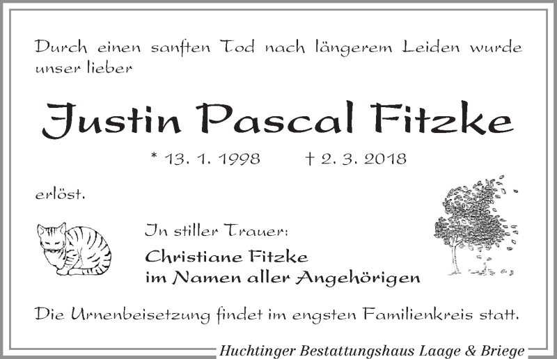  Traueranzeige für Justin Pascal Fitzke vom 17.03.2018 aus WESER-KURIER