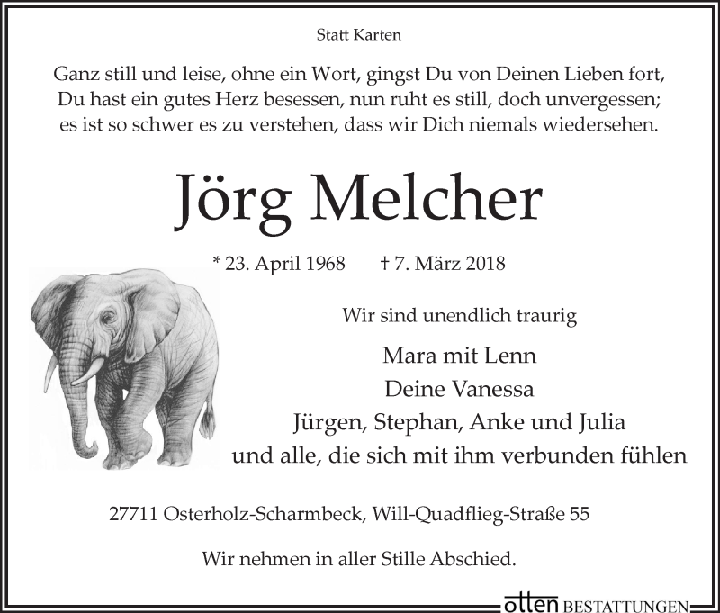  Traueranzeige für Jörg Melcher vom 13.03.2018 aus Osterholzer Kreisblatt