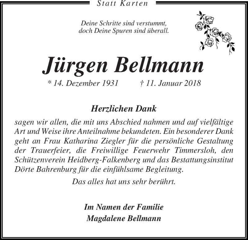  Traueranzeige für Jürgen Bellmann vom 10.03.2018 aus Wuemme Zeitung