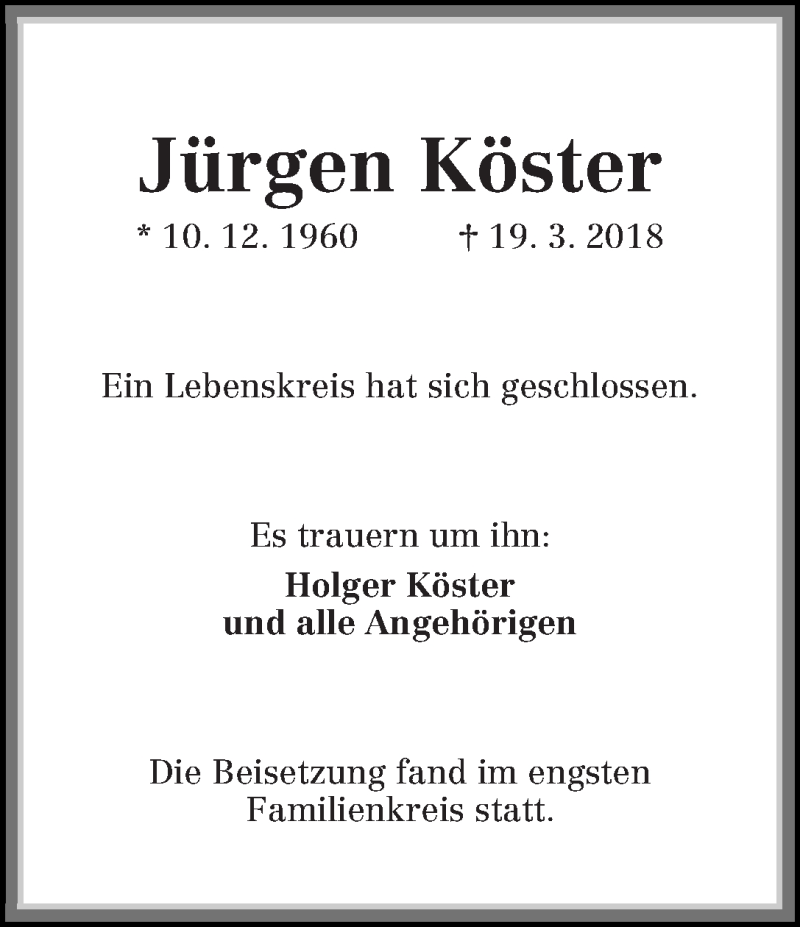  Traueranzeige für Jürgen Köster vom 31.03.2018 aus Die Norddeutsche