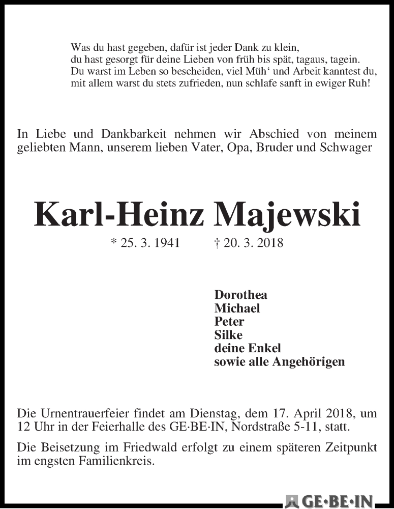Traueranzeige von Karl-Heinz Majewski von WESER-KURIER