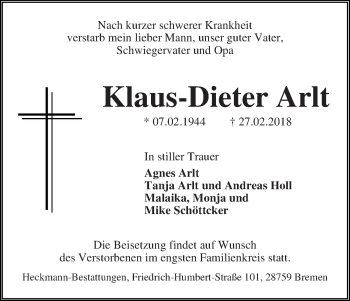 Traueranzeige von Klaus-Dieter Arlt