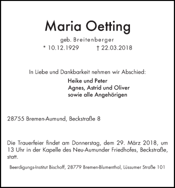 Traueranzeige von Maria Oetting