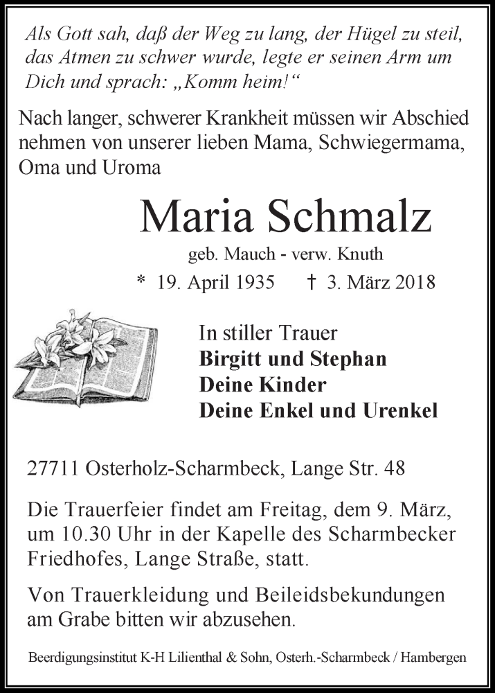 Traueranzeige für Maria Schmalz vom 06.03.2018 aus Osterholzer Kreisblatt