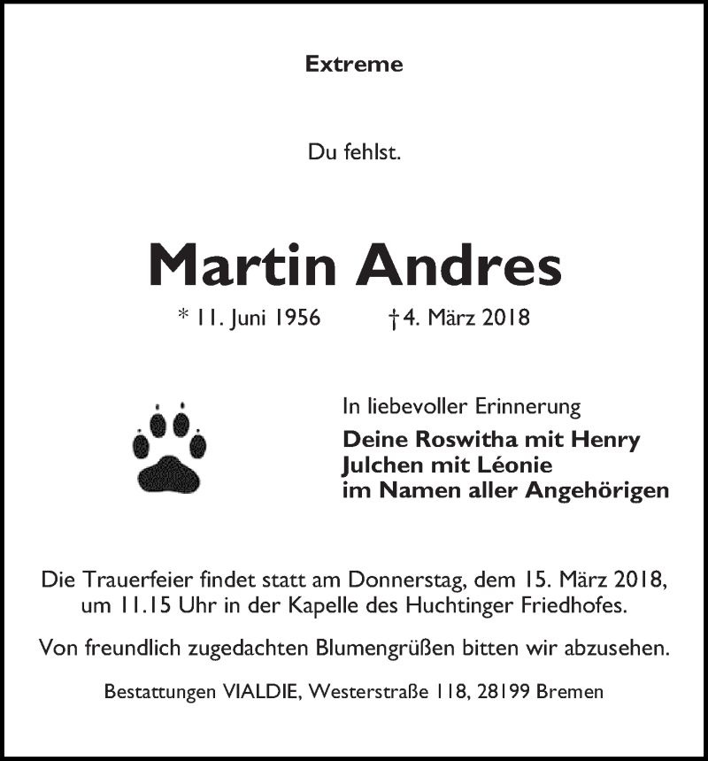  Traueranzeige für Martin Andres vom 10.03.2018 aus WESER-KURIER