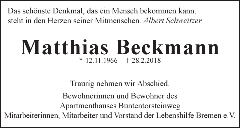 Traueranzeigen Von Matthias Beckmann Trauer And Gedenken 8197