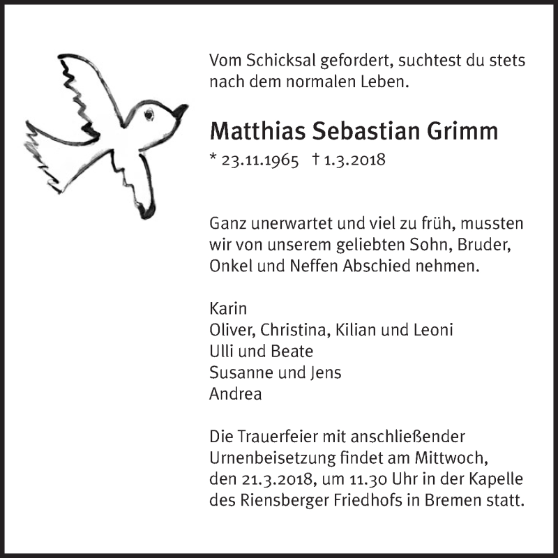 Traueranzeige von Matthias Sebastian Grimm von WESER-KURIER