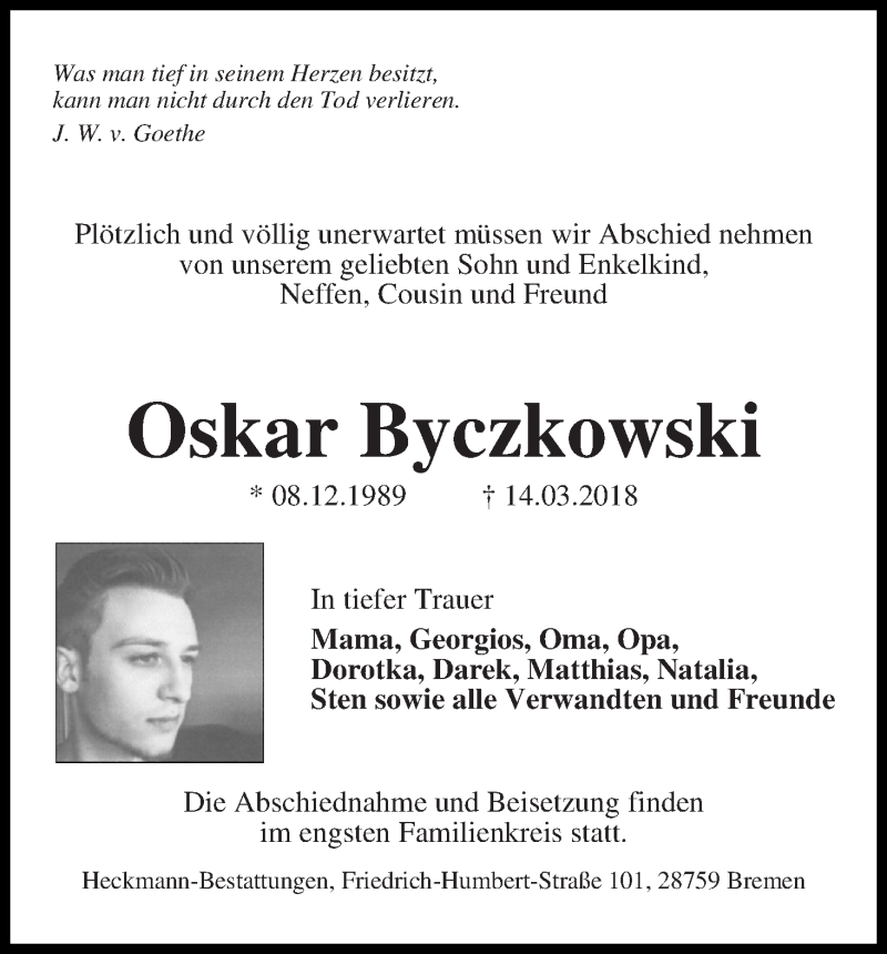  Traueranzeige für Oskar Byczkowski vom 20.03.2018 aus Die Norddeutsche
