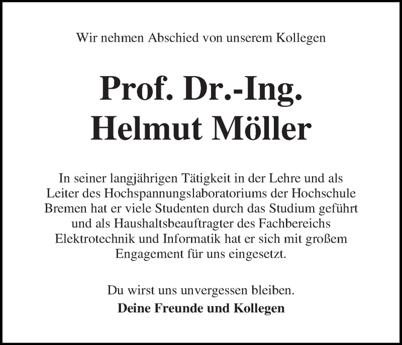 Traueranzeige von Prof. Dr.-Ing. Helmut Möller von WESER-KURIER