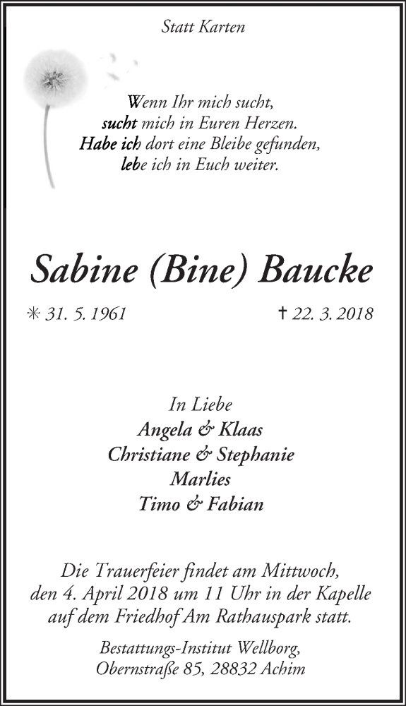Traueranzeige von Sabine (Bine) Baucke von WESER-KURIER