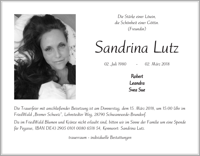  Traueranzeige für Sandrina Lutz vom 10.03.2018 aus WESER-KURIER