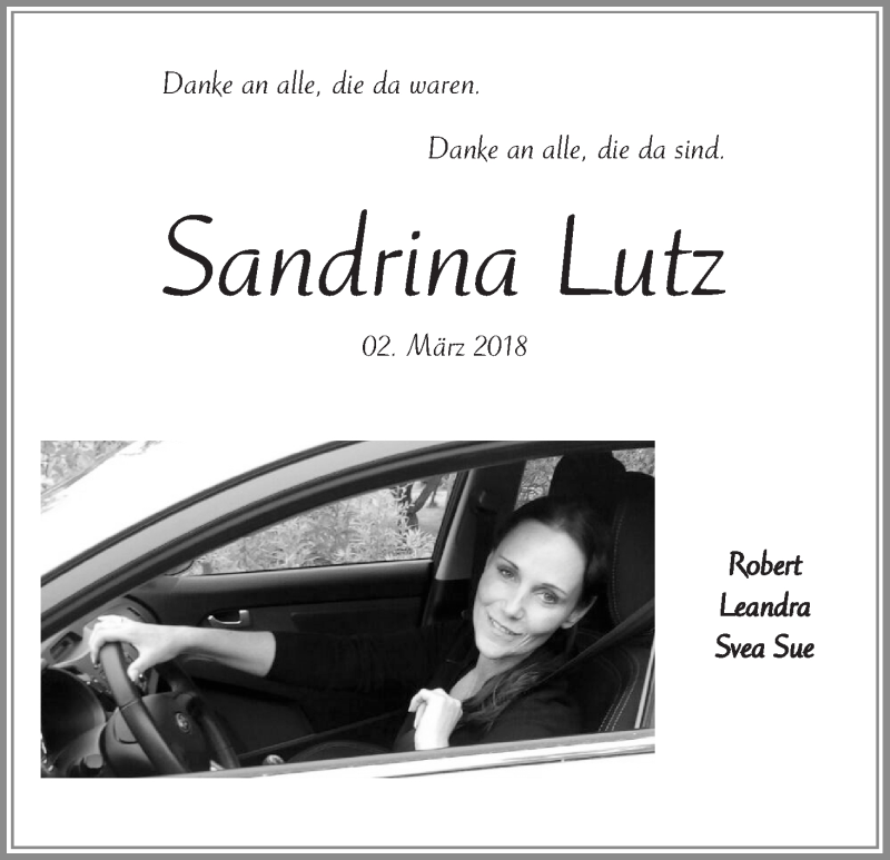  Traueranzeige für Sandrina Lutz vom 24.03.2018 aus WESER-KURIER