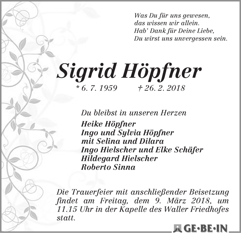  Traueranzeige für Sigrid Höpfner vom 03.03.2018 aus WESER-KURIER