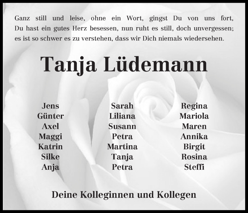  Traueranzeige für Tanja Lüdemann vom 20.03.2018 aus Osterholzer Kreisblatt