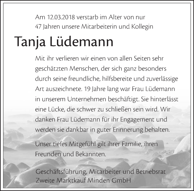  Traueranzeige für Tanja Lüdemann vom 21.03.2018 aus Osterholzer Kreisblatt