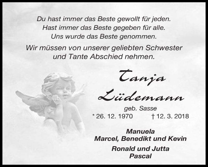  Traueranzeige für Tanja Lüdemann vom 20.03.2018 aus Osterholzer Kreisblatt