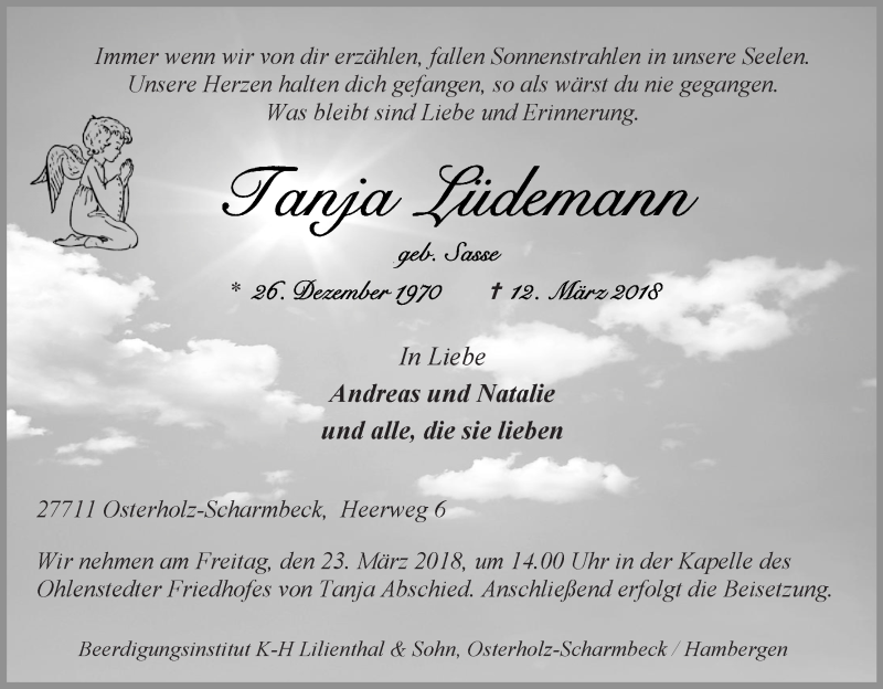  Traueranzeige für Tanja Lüdemann vom 19.03.2018 aus Osterholzer Kreisblatt