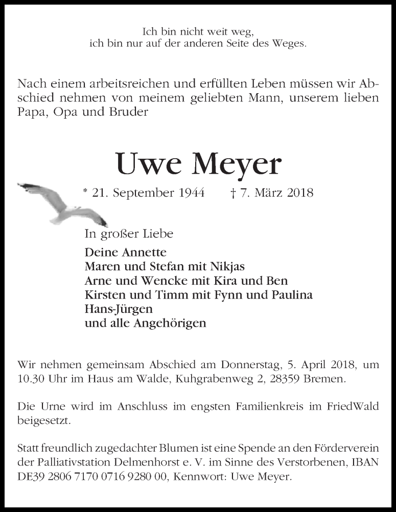  Traueranzeige für Uwe Meyer vom 17.03.2018 aus WESER-KURIER