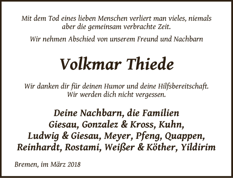  Traueranzeige für Volkmar Thiede vom 29.03.2018 aus WESER-KURIER